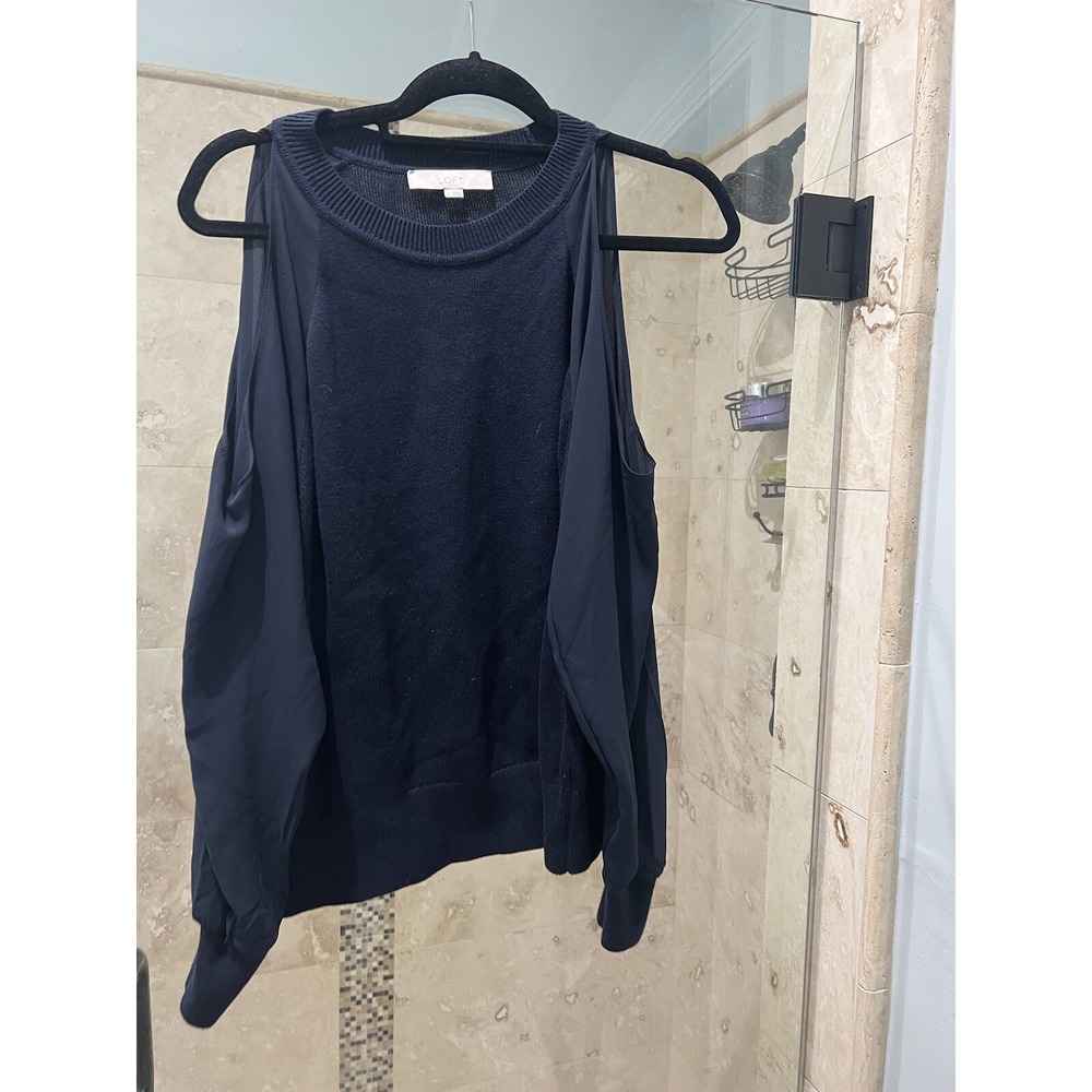 LOFT Women Small Cold Shoulder Sweater Navy Blue Knit Sheer Sleeves Mixed Media